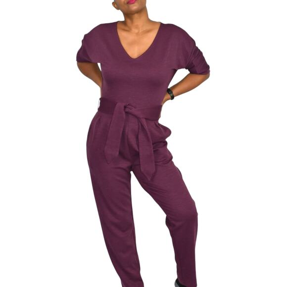 Anthropologie Sutton Jumpsuit Purple Plum Ponte Knit Relaxed Belted Pant Size XS - Picture 1 of 16